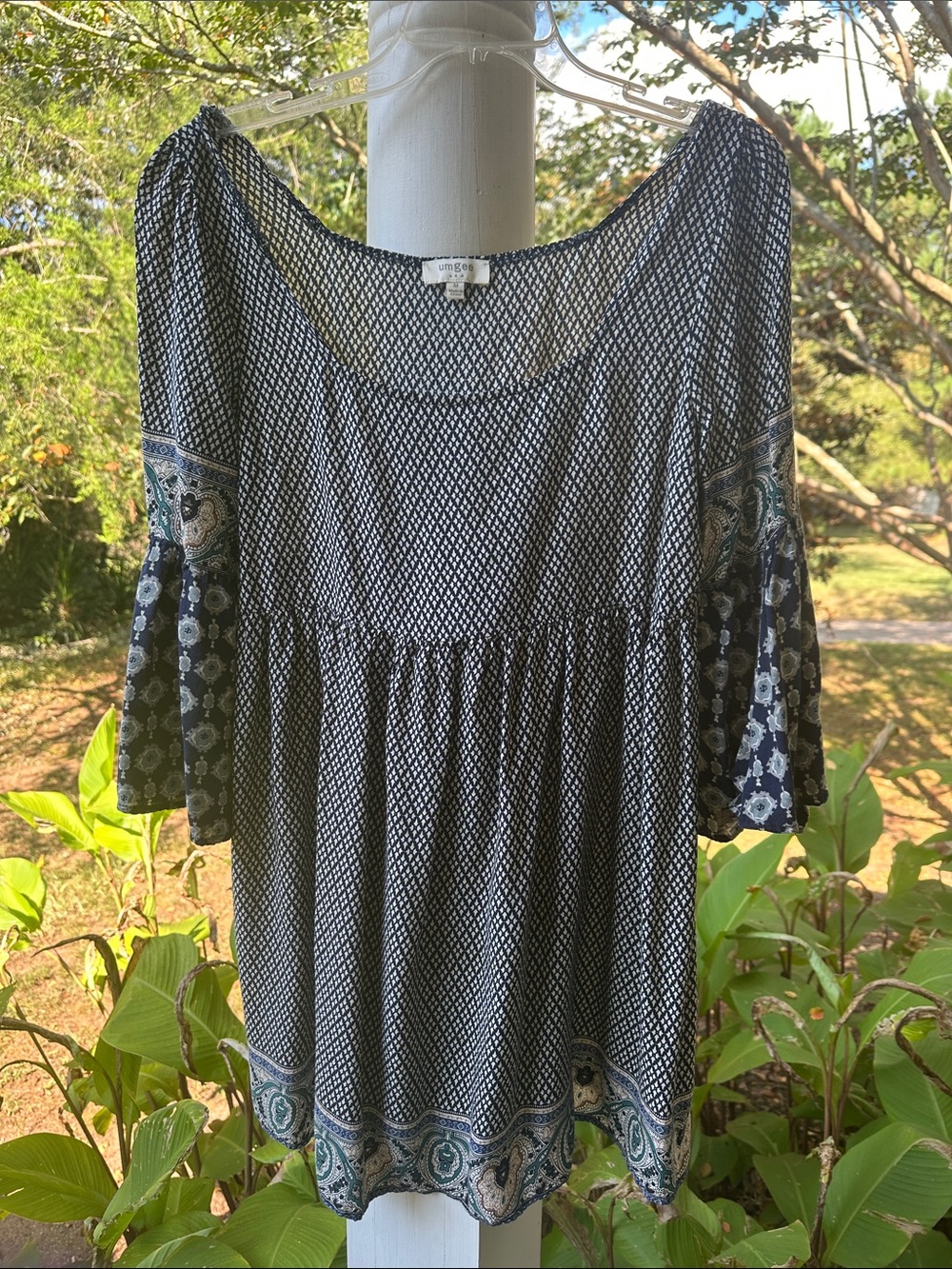 Umgee Navy and White Printed Boho Tunic with Mixed Border Sleeves
